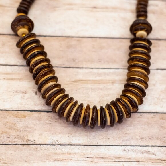 20 inch, Vintage Wooden Disc Beads Donut Rings Beaded Necklace - X23 - Picture 1 of 4